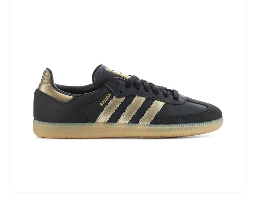 Adidas Samba OG 'Core Black & Gold Metallic' All-Black Leather, Black Suede Toe Cap, Gold Metallic 3-Stripes, Gold Heel Tab, Gold SAMBA Lettering, Blue OG Tongue Label & Gum Outsole Luxe Retro Football Lifestyle Sneakers