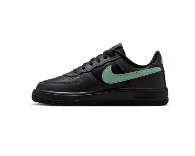 Nike Air Force 1 Low (GS) 'Black & Jade Smoke' All-Black Leather, Jade Smoke Swoosh & Tonal Triple Black AF1 Kids Youth Sneakers