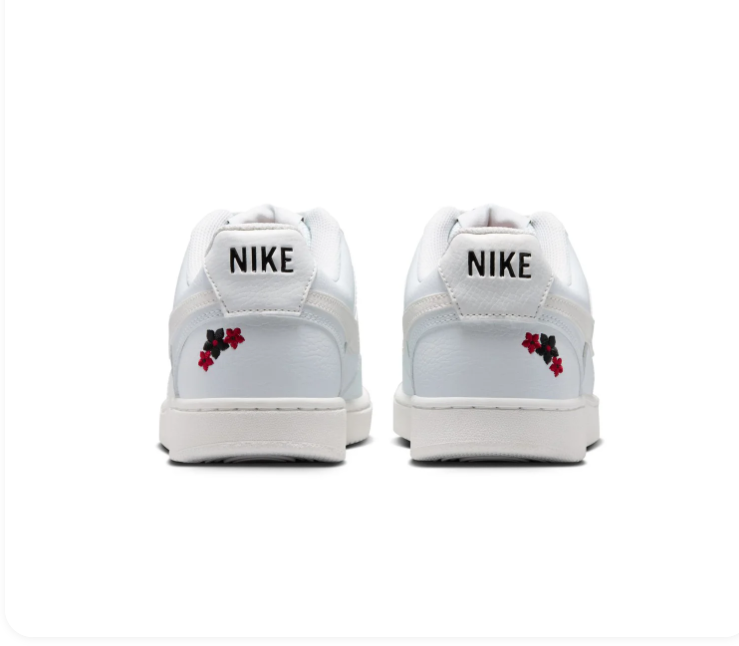 Nike Court Vision Low 'White & Floral' All-White Leather, Red & Black Flower Embroidery, White Swoosh & Clean Outsole Romantic Women's Court Sneakers