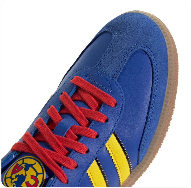 Adidas Samba OG × Club América 'Royal Blue & Yellow' Blue Leather Upper, Yellow 3-Stripes & SAMBA Lettering, Red Round Laces, Red Heel Pull, Club América Crest, Blue Suede T-Toe & Gum Outsole Limited Edition Football Club Collaboration Lifestyle Sneakers