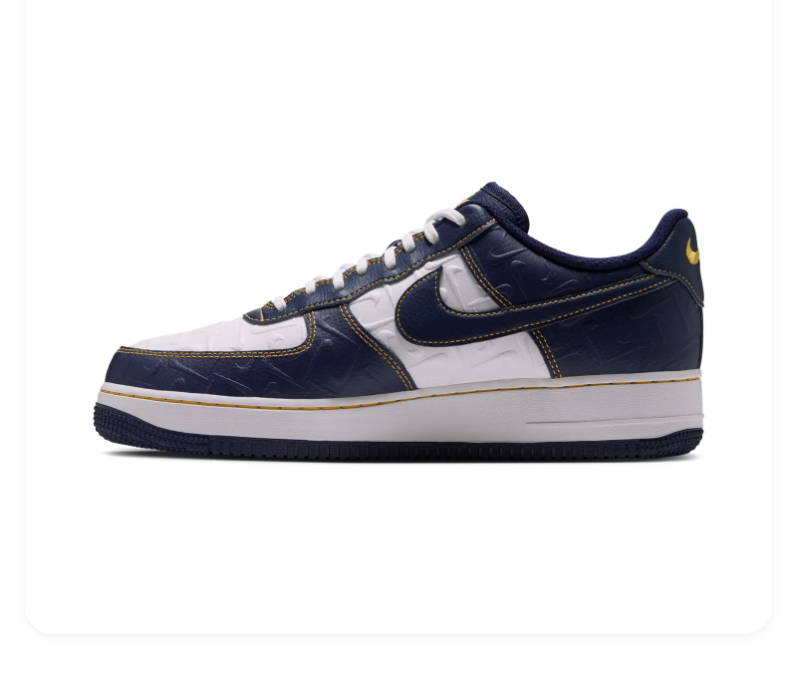 Nike Air Force 1 Low '07 'Midnight Navy & White' Navy Croc-Embossed Leather, White Panel, Gold Contrast Stitching, Navy Swoosh & Navy Outsole Premium Collegiate Sneakers