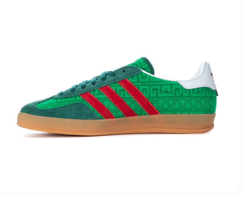 Adidas Gazelle Indoor × Gucci 'Collegiate Green & Scarlet Red' GG Monogram Embossed Bi-Tone Green Leather Upper, Red 3-Stripes, White Collar, Black Square Tongue Label, Gold adidas Insole & Translucent Gum Outsole Luxury Collab Heritage Sneakers