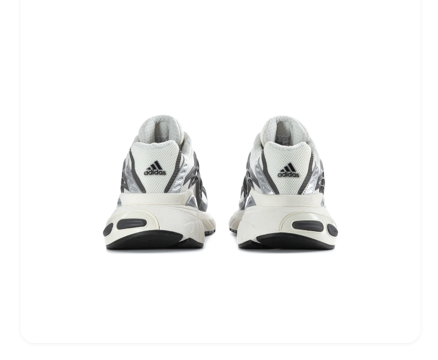 Adidas Adistar Cushion 'Cloud White & Grey Four' White Mesh Upper, Grey TPU Exoskeleton Frame, Black 3D 3-Stripes, Silver Metallic Accents & Chunky Off-White EVA Midsole Clean Y2K Retro Running Lifestyle Sneakers