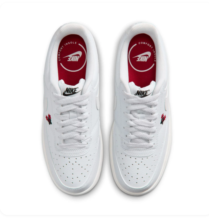 Nike Court Vision Low 'White & Floral' All-White Leather, Red & Black Flower Embroidery, White Swoosh & Clean Outsole Romantic Women's Court Sneakers
