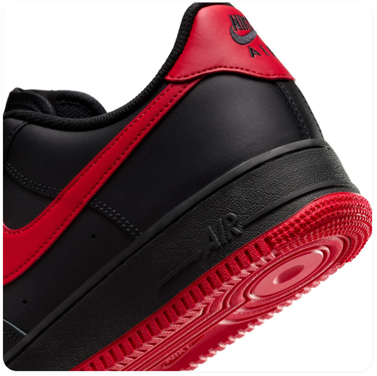 Nike Air Force 1 Low '07 'Black & University Red' Bred All-Black Leather, Red Swoosh, Red Collar Lining, AF1 Metal Dubraes & Full Red Outsole Bold Streetwear Sneakers