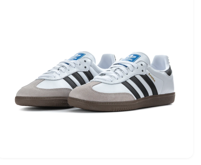 Adidas Samba OG 'Cloud White & Core Black' White Leather, Black 3-Stripes, Clear Granite Suede Toe Cap, Blue OG Tongue Label & Gum Outsole Iconic Retro Football Lifestyle Sneakers
