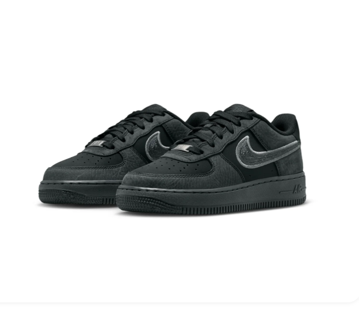 Nike Air Force 1 Low GS 'Triple Black / Anthracite' All-Black Suede, Anthracite Swoosh, Metal AF1 Dubrae & Full Black Midsole Outsole Kids' Stealth Sneakers