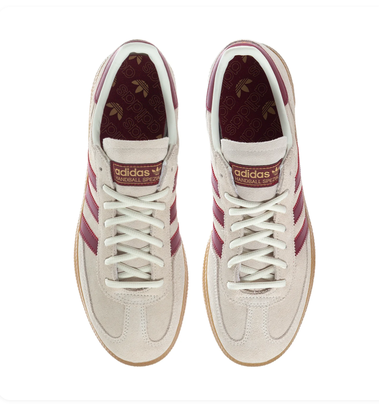 Adidas Handball Spezial 'Cream White & Collegiate Burgundy' Cream Suede Upper, Burgundy 3-Stripes & Heel Collar, White Round Laces, Gold SPEZIAL Lettering & Gum Rubber Outsole Vintage Autumn Heritage Handball Lifestyle Sneakers