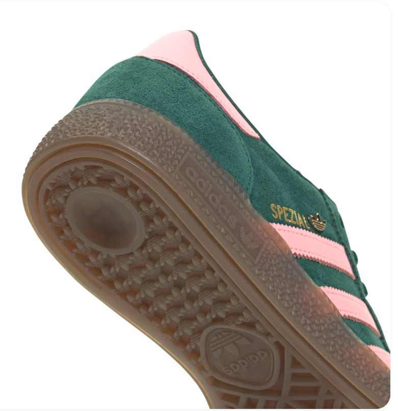 Adidas Handball Spezial 'Collegiate Green & Light Pink' Green Suede Upper, Pink 3-Stripes & Heel Collar, Green Flat Laces, Gold SPEZIAL Lettering & Gum Rubber Outsole Bold Contrast Heritage Handball Lifestyle Sneakers