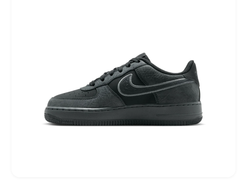 Nike Air Force 1 Low GS 'Triple Black / Anthracite' All-Black Suede, Anthracite Swoosh, Metal AF1 Dubrae & Full Black Midsole Outsole Kids' Stealth Sneakers