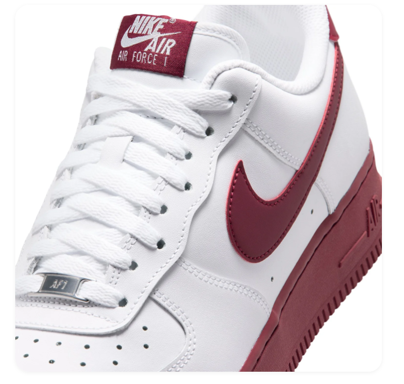Nike Air Force 1 Low '07 'White & Team Red' White Leather, Team Red Swoosh & Bold Red Outsole Collegiate AF1 Sneakers