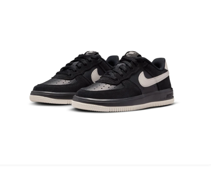 Nike Force 1 Low EasyOn 'Black & Light Bone' All-Black Leather Suede, Light Bone Swoosh, Elastic No-Tie Lacing & Sail Midsole Easy On-Off Kids' Classic Sneakers