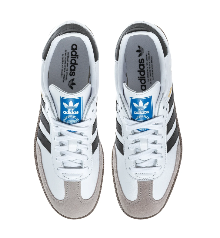 Adidas Samba OG 'Cloud White & Core Black' White Leather, Black 3-Stripes, Clear Granite Suede Toe Cap, Blue OG Tongue Label & Gum Outsole Iconic Retro Football Lifestyle Sneakers