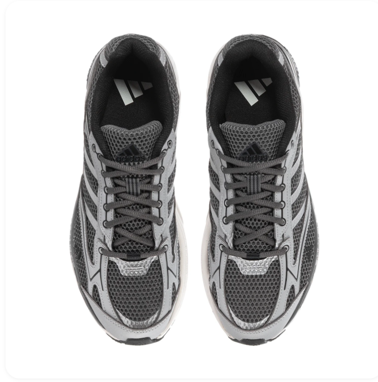 Adidas Spiritain 2000 'Grey & Silver' Charcoal Hex Mesh, Silver Metallic Overlays, Dark Grey 3-Stripes, Black Heel Guard & Off-White Chunky Midsole Y2K Retro Running Lifestyle Sneakers