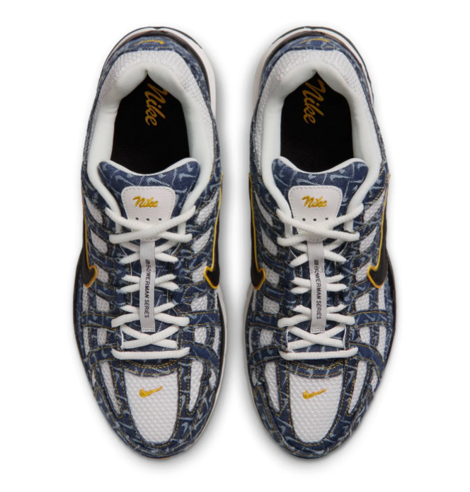 Nike P-6000 'Navy & University Gold' All-Over Swoosh Monogram Print, Gold Outlined Swoosh & White Midsole Retro Y2K Running Sneakers