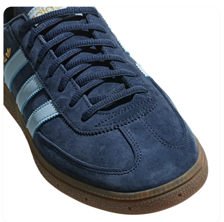 Adidas Handball Spezial 'Navy & Halo Blue' Navy Suede Upper, Ice Blue 3-Stripes & Collar, Navy Flat Laces, Gold SPEZIAL Lettering & Gold Trefoil & Gum Rubber Outsole Tonal Heritage Handball Lifestyle Sneakers