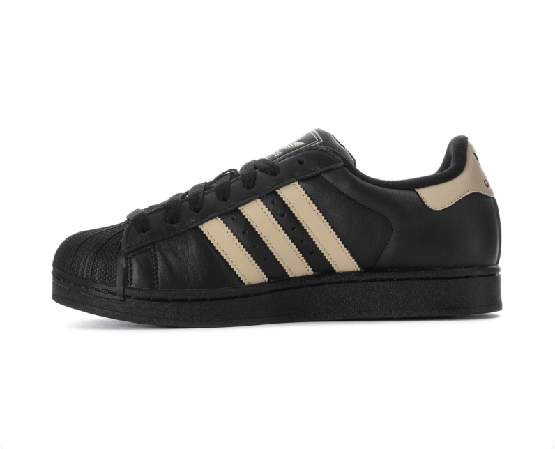Adidas Superstar 'Core Black & Sand Strata' Black Leather Upper, Sand Strata 3-Stripes & Heel Tab, Black Shell Toe, Black Round Laces & Black Rubber Outsole Tonal Urban Heritage Lifestyle Sneakers