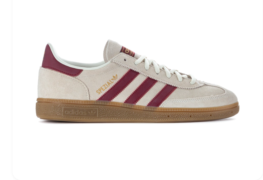 Adidas Handball Spezial 'Cream White & Collegiate Burgundy' Cream Suede Upper, Burgundy 3-Stripes & Heel Collar, White Round Laces, Gold SPEZIAL Lettering & Gum Rubber Outsole Vintage Autumn Heritage Handball Lifestyle Sneakers