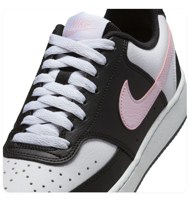 Nike Court Vision Low 'Black, White & Pink Foam' Tri-Color Leather Pink Swoosh Feminine Classic Sneakers