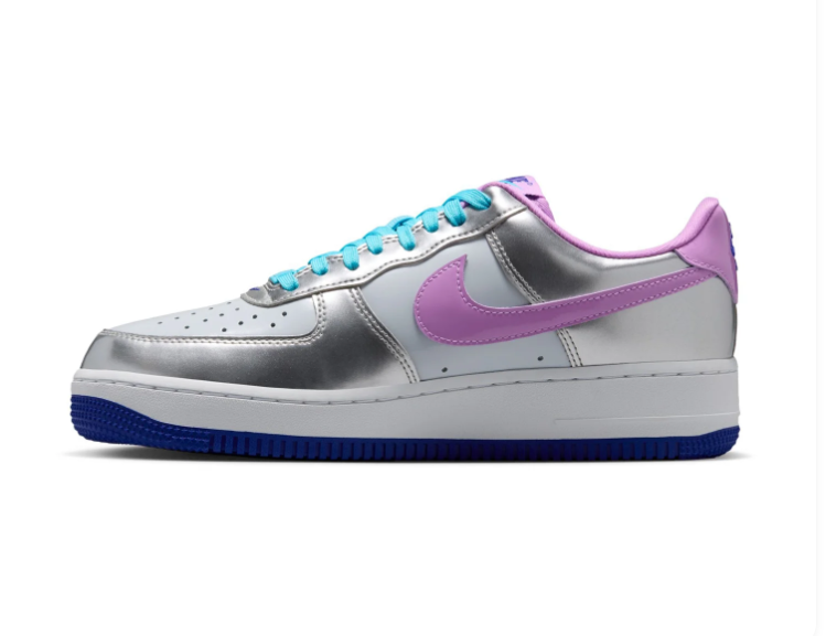 Nike Air Force 1 Low '07 SE 'Metallic Silver & Violet Frost' Mirror Metallic Leather, Lilac Swoosh, Aqua Laces & Hyper Blue Outsole Women's AF1 Sneakers