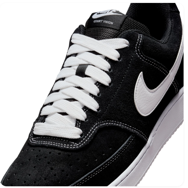 Nike Court Vision Low 'Black & White' All-Black Perforated Suede, White Swoosh & Contrast Stitch Court Sneakers