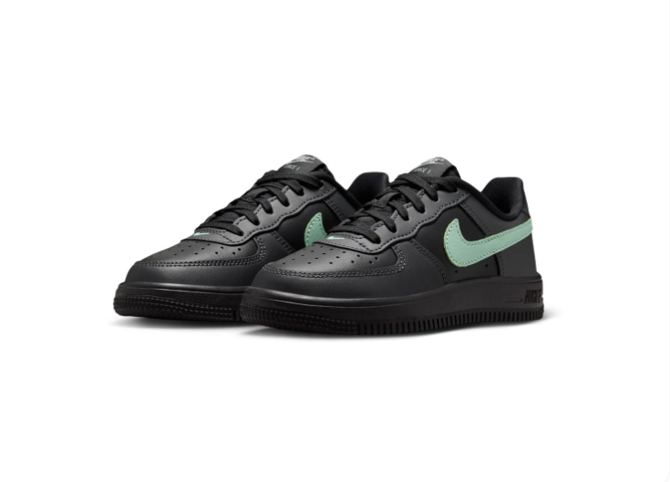 Nike Air Force 1 Low (GS) 'Black & Jade Smoke' All-Black Leather, Jade Smoke Swoosh & Tonal Triple Black AF1 Kids Youth Sneakers
