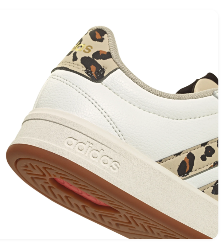 Adidas Grand Court SE 'Leopard' White Leather Upper, Leopard Print Side Panel, White 3-Stripes, Leopard Heel Tab with Gold Adidas Logo, Black Collar Lining, White Laces & Gum Outsole Animal Print Tennis Lifestyle Sneakers