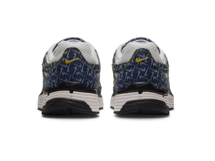 Nike P-6000 'Navy & University Gold' All-Over Swoosh Monogram Print, Gold Outlined Swoosh & White Midsole Retro Y2K Running Sneakers