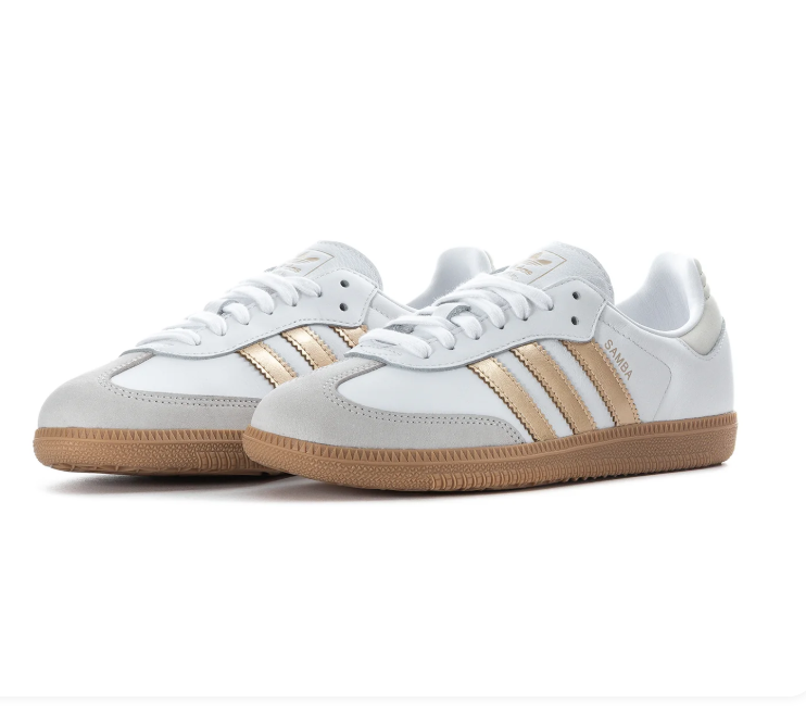 Adidas Samba OG 'Cloud White & Gold Metallic' White Leather, Clear Granite Suede Toe Cap, Gold Metallic 3-Stripes, White Heel Tab, Blue OG Tongue Label & Gum Outsole Elegant Luxe Retro Football Lifestyle Sneakers