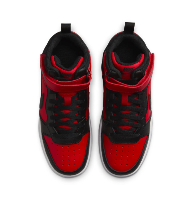 Nike Court Borough Mid 2 (GS) 'Bred' Black & University Red Leather, Black Swoosh & Velcro Ankle Strap Kids Youth Mid-Top Court Sneakers