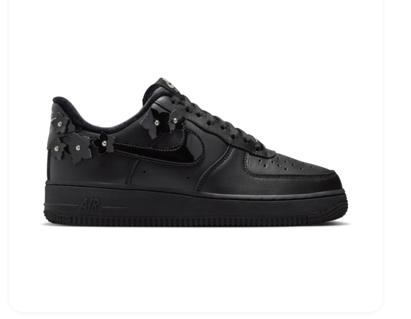 Nike Air Force 1 Low '07 'Black Floral' Triple Black Leather, 3D Metal Floral Studs & Hardware Buckle Dark Romance AF1 Sneakers