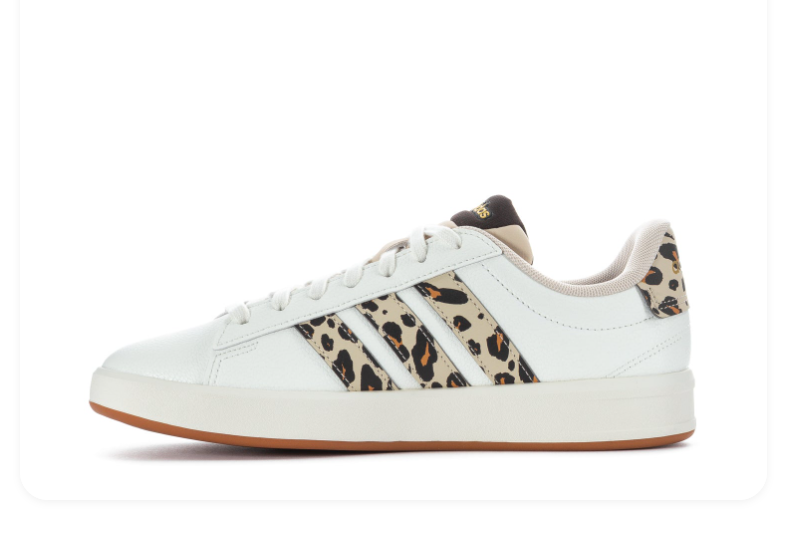 Adidas Grand Court SE 'Leopard' White Leather Upper, Leopard Print Side Panel, White 3-Stripes, Leopard Heel Tab with Gold Adidas Logo, Black Collar Lining, White Laces & Gum Outsole Animal Print Tennis Lifestyle Sneakers