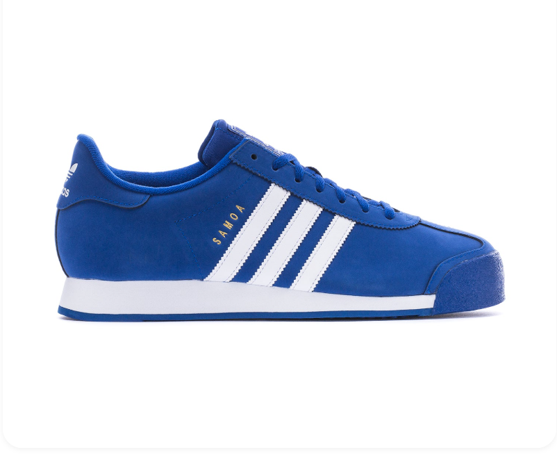 Adidas Samoa 'Royal Blue & Cloud White' Royal Blue Leather Upper, White 3-Stripes, Blue Flat Laces, White Trefoil Heel Branding, White EVA Midsole & Blue Rubber Outsole Classic Retro Tennis Heritage Lifestyle Sneakers