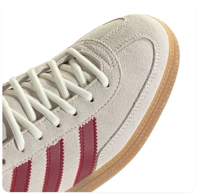 Adidas Handball Spezial 'Cream White & Collegiate Burgundy' Cream Suede Upper, Burgundy 3-Stripes & Heel Collar, White Round Laces, Gold SPEZIAL Lettering & Gum Rubber Outsole Vintage Autumn Heritage Handball Lifestyle Sneakers
