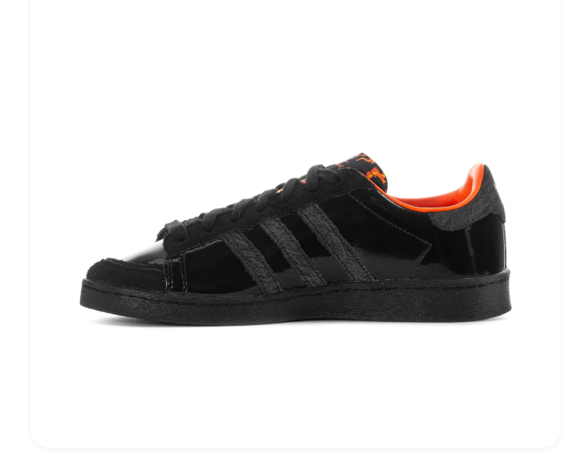 Adidas Superstar 'Triple Black & Orange' All-Black Patent Leather, Tonal Black 3-Stripes, Orange Collar Lining & Trefoil Heel Tab, Full Black Midsole Outsole Bold Streetwear Sneakers