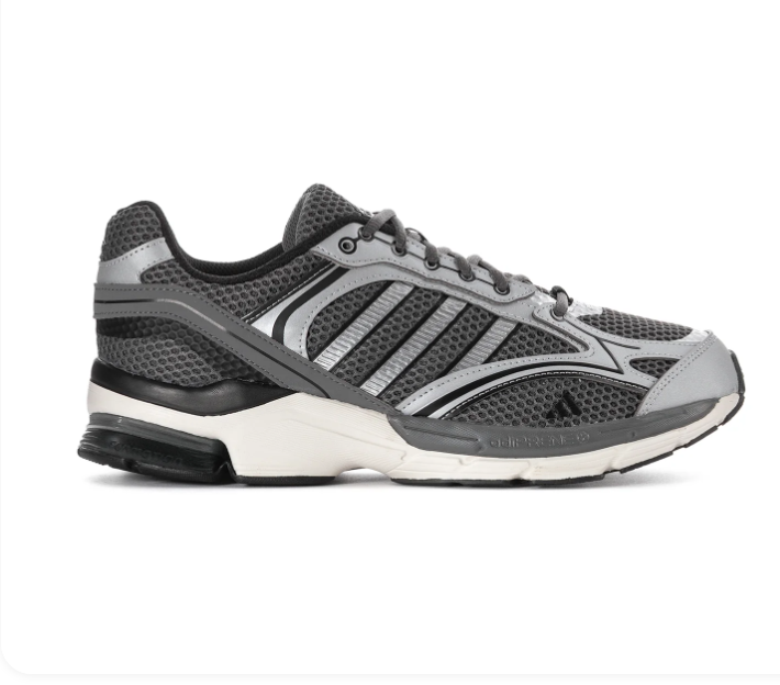 Adidas Spiritain 2000 'Grey & Silver' Charcoal Hex Mesh, Silver Metallic Overlays, Dark Grey 3-Stripes, Black Heel Guard & Off-White Chunky Midsole Y2K Retro Running Lifestyle Sneakers