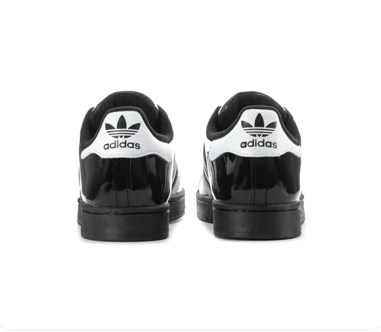 Adidas Superstar 'Core Black Patent' Glossy Black Patent Leather Upper, White 3-Stripes, Black Shell Toe, Black Flat Laces, White Heel Branding & Black Cupsole Midsole High-Gloss Luxe Retro Basketball Lifestyle Sneakers