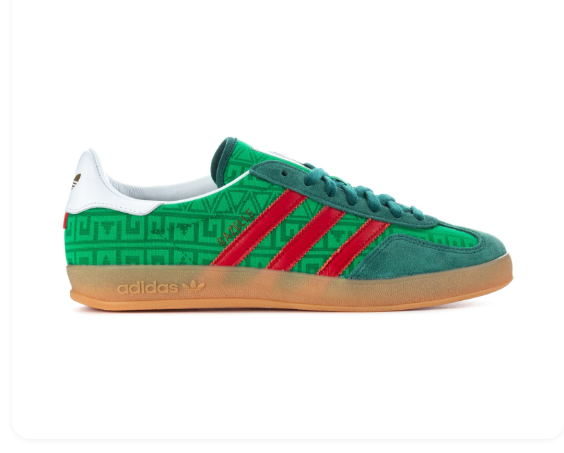 Adidas Gazelle Indoor × Gucci 'Collegiate Green & Scarlet Red' GG Monogram Embossed Bi-Tone Green Leather Upper, Red 3-Stripes, White Collar, Black Square Tongue Label, Gold adidas Insole & Translucent Gum Outsole Luxury Collab Heritage Sneakers