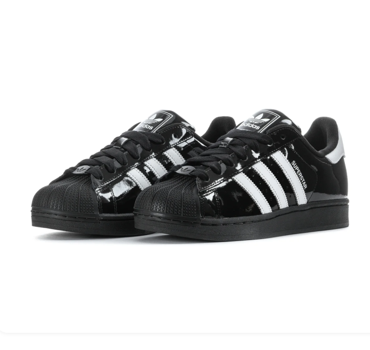 Adidas Superstar 'Core Black Patent' Glossy Black Patent Leather Upper, White 3-Stripes, Black Shell Toe, Black Flat Laces, White Heel Branding & Black Cupsole Midsole High-Gloss Luxe Retro Basketball Lifestyle Sneakers