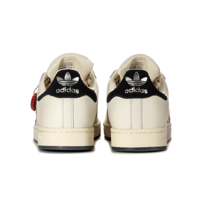 Adidas Superstar x Coca-Cola 'Enjoy Coca-Cola' Off-White Vintage Leather, Black Suede Heel, Red Script Print, Metal Charm & Black Outsole Limited Edition Collab Sneakers