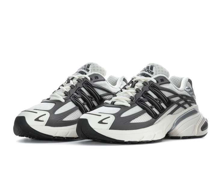 Adidas Adistar Cushion 'Cloud White & Grey Four' White Mesh Upper, Grey TPU Exoskeleton Frame, Black 3D 3-Stripes, Silver Metallic Accents & Chunky Off-White EVA Midsole Clean Y2K Retro Running Lifestyle Sneakers