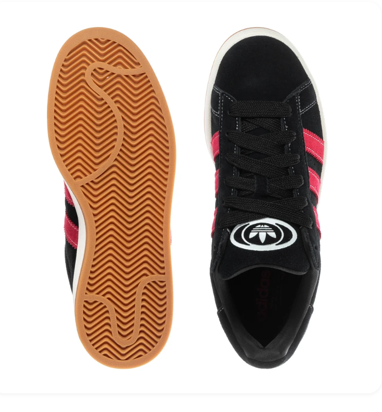 Adidas Campus 00s 'Black & Better Scarlet' All-Black Suede, Red Suede 3-Stripes, White CAMPUS Embroidery, Oval Trefoil Tongue Badge, Off-White Midsole & Gum Outsole Bold Y2K Collegiate Lifestyle Sneakers