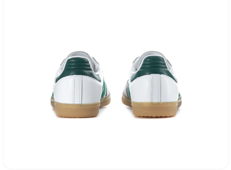 Adidas Samba OG 'Cloud White & Collegiate Green' White Leather Upper, Green 3-Stripes, Grey Suede T-Toe Overlay, Green Heel Patch, Gold SAMBA Lettering & Gum Rubber Outsole Iconic Indoor Football Heritage Lifestyle Sneakers