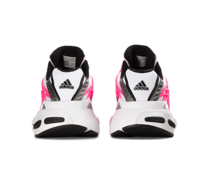 Adidas Adistar Cushion 'Cloud White & Lucid Pink' White Mesh Upper, Pink TPU Exoskeleton Frame, Black 3-Stripes, Silver Heel Accent, Black Round Laces & Chunky White EVA Midsole Bold Y2K Retro Running Lifestyle Sneakers