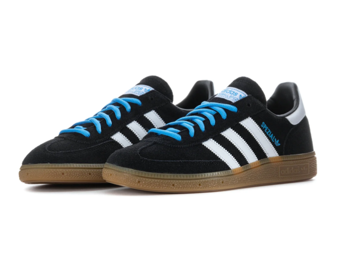 Adidas Handball Spezial 'Core Black & Bright Blue' Black Suede Upper, White 3-Stripes, White Leather Collar, Bright Blue Round Laces, Blue SPEZIAL Lettering & Gum Rubber Outsole Bold Heritage Handball Lifestyle Sneakers