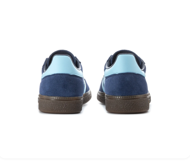 Adidas Handball Spezial 'Navy & Halo Blue' Navy Suede Upper, Ice Blue 3-Stripes & Collar, Navy Flat Laces, Gold SPEZIAL Lettering & Gold Trefoil & Gum Rubber Outsole Tonal Heritage Handball Lifestyle Sneakers