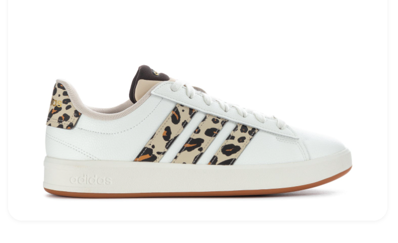 Adidas Grand Court SE 'Leopard' White Leather Upper, Leopard Print Side Panel, White 3-Stripes, Leopard Heel Tab with Gold Adidas Logo, Black Collar Lining, White Laces & Gum Outsole Animal Print Tennis Lifestyle Sneakers