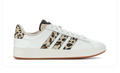 Adidas Grand Court SE 'Leopard' White Leather Upper, Leopard Print Side Panel, White 3-Stripes, Leopard Heel Tab with Gold Adidas Logo, Black Collar Lining, White Laces & Gum Outsole Animal Print Tennis Lifestyle Sneakers