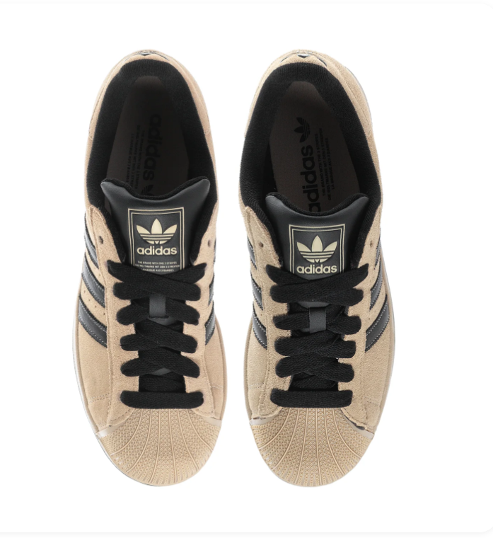Adidas Superstar 'Wonder Beige & Core Black' Sand Suede, Black Leather 3-Stripes, Tonal Beige Shell Toe, Black Heel & Inner Lining, Square Trefoil Tongue Label & Black Outsole Earthy Retro Basketball Lifestyle Sneakers