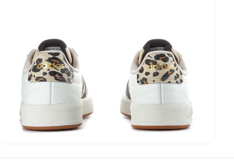 Adidas Grand Court SE 'Leopard' White Leather Upper, Leopard Print Side Panel, White 3-Stripes, Leopard Heel Tab with Gold Adidas Logo, Black Collar Lining, White Laces & Gum Outsole Animal Print Tennis Lifestyle Sneakers
